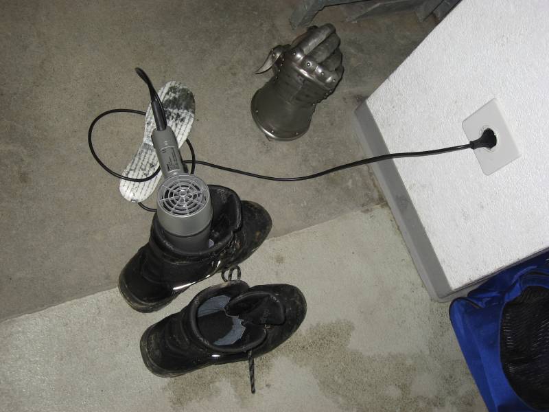 Drying wet shoes.